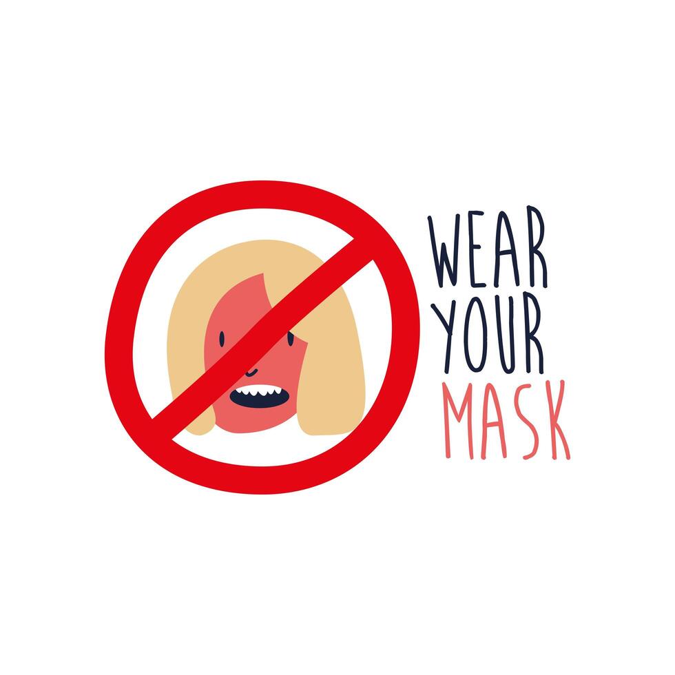 wear your mask lettering campaign with woman in denied symbol flat style vector