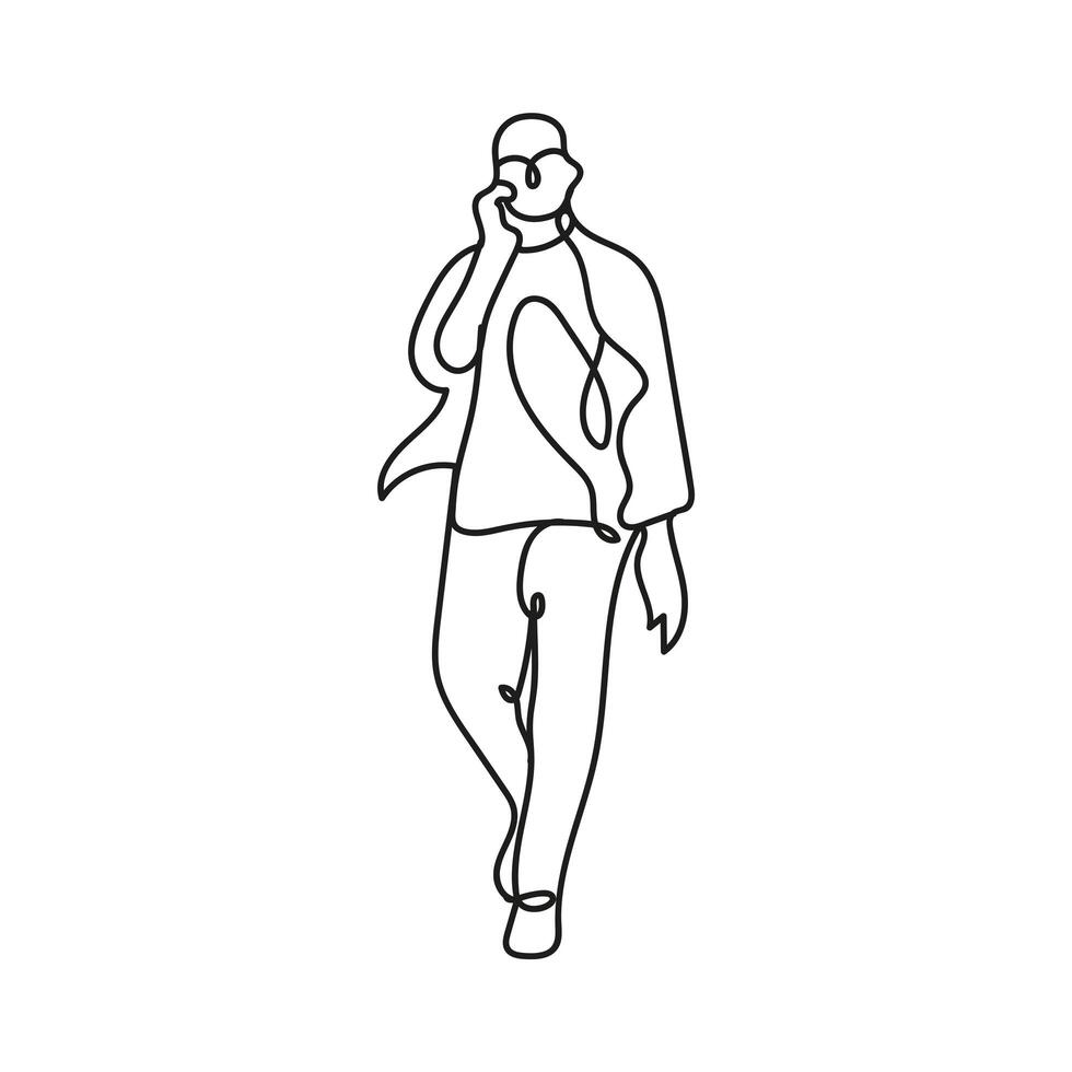 man wearing cellphone one line style icon vector