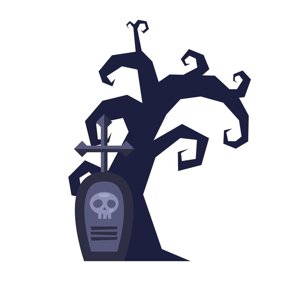 árbol oscuro halloween con cementerio vector