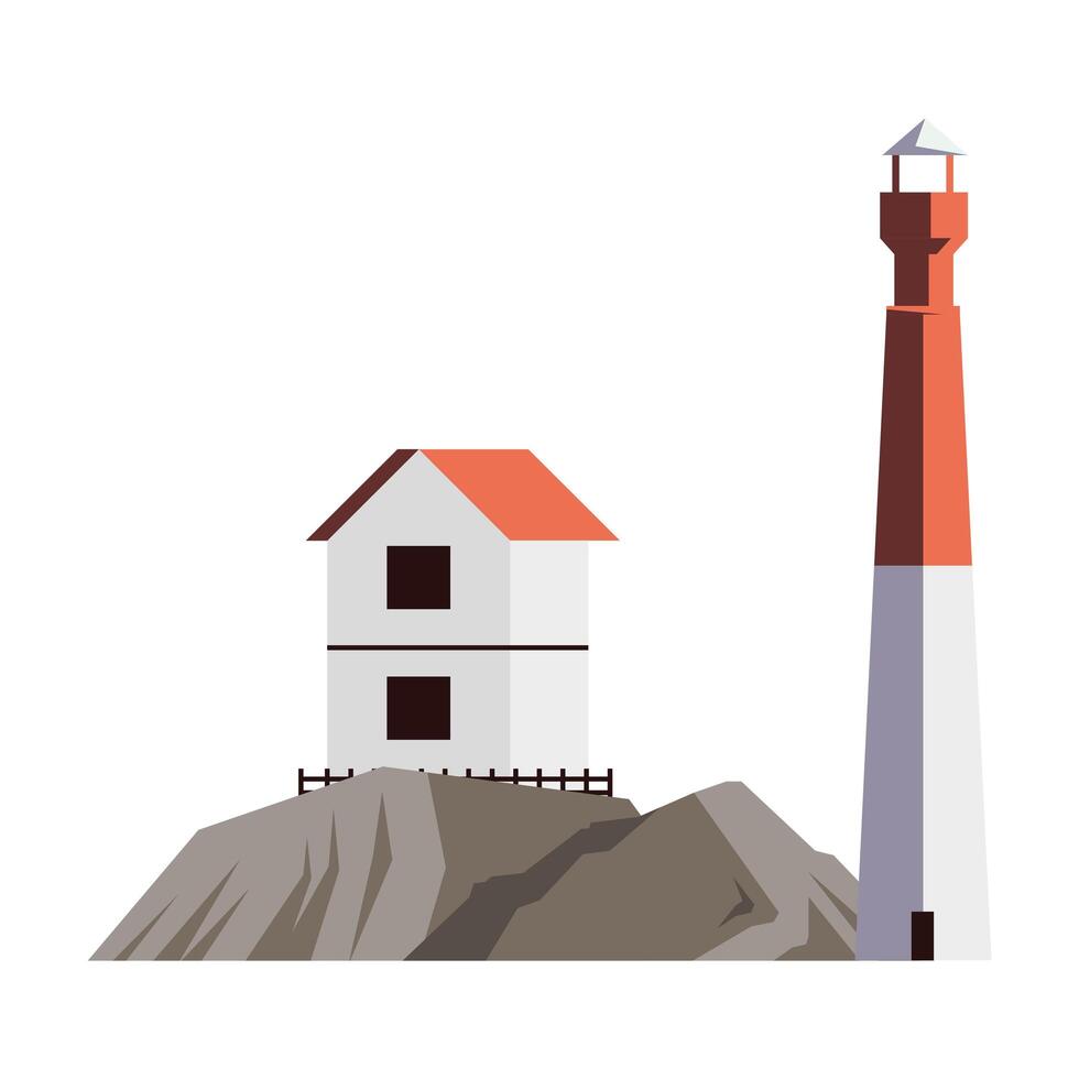 light house tower building with peaks and house scene vector