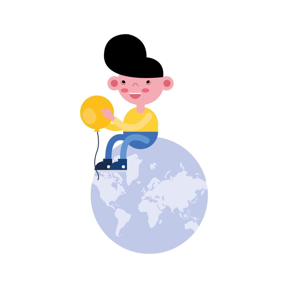 cute little boy with balloon helium seated in earth planet vector