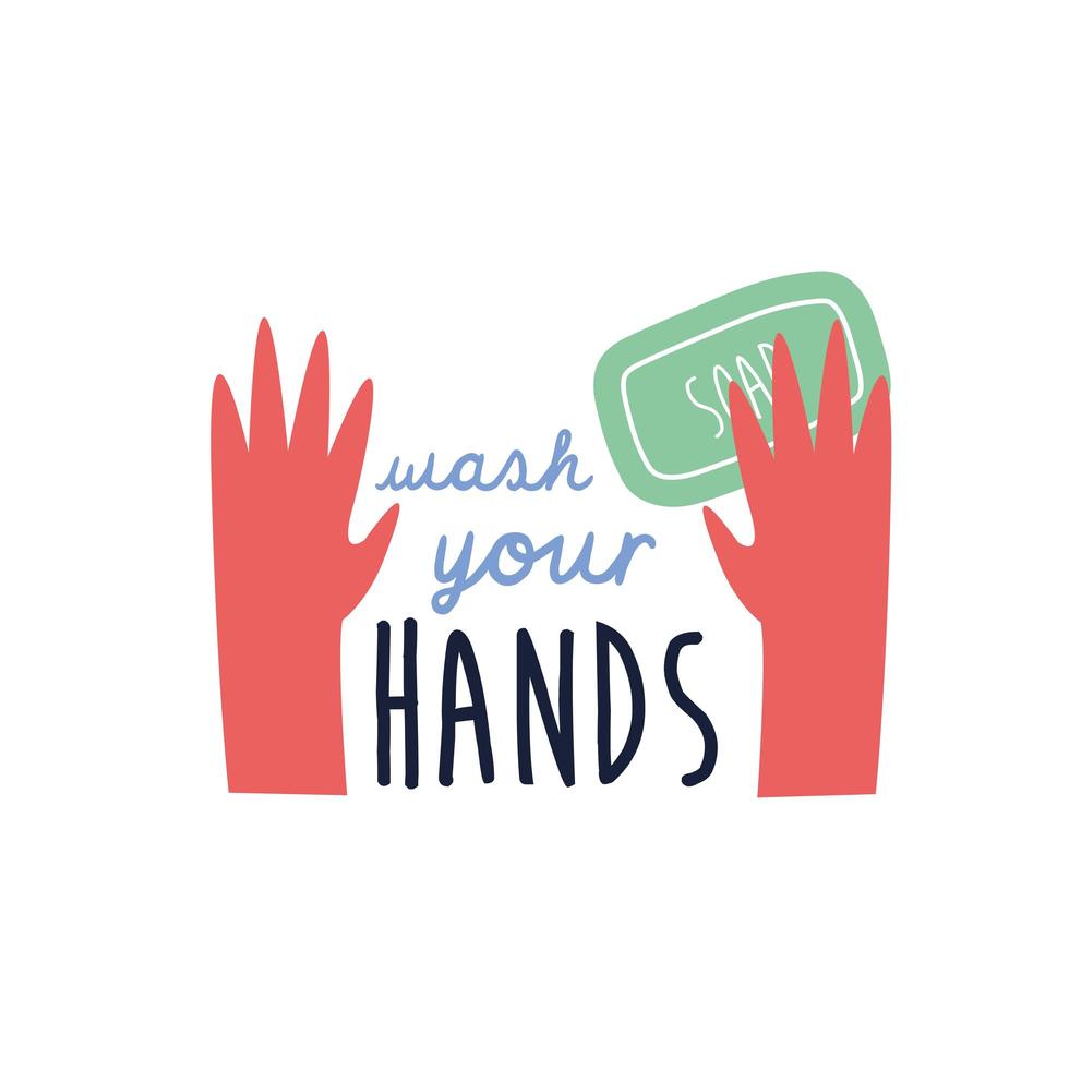 wash your hands lettering campaign with soap bar flat style vector