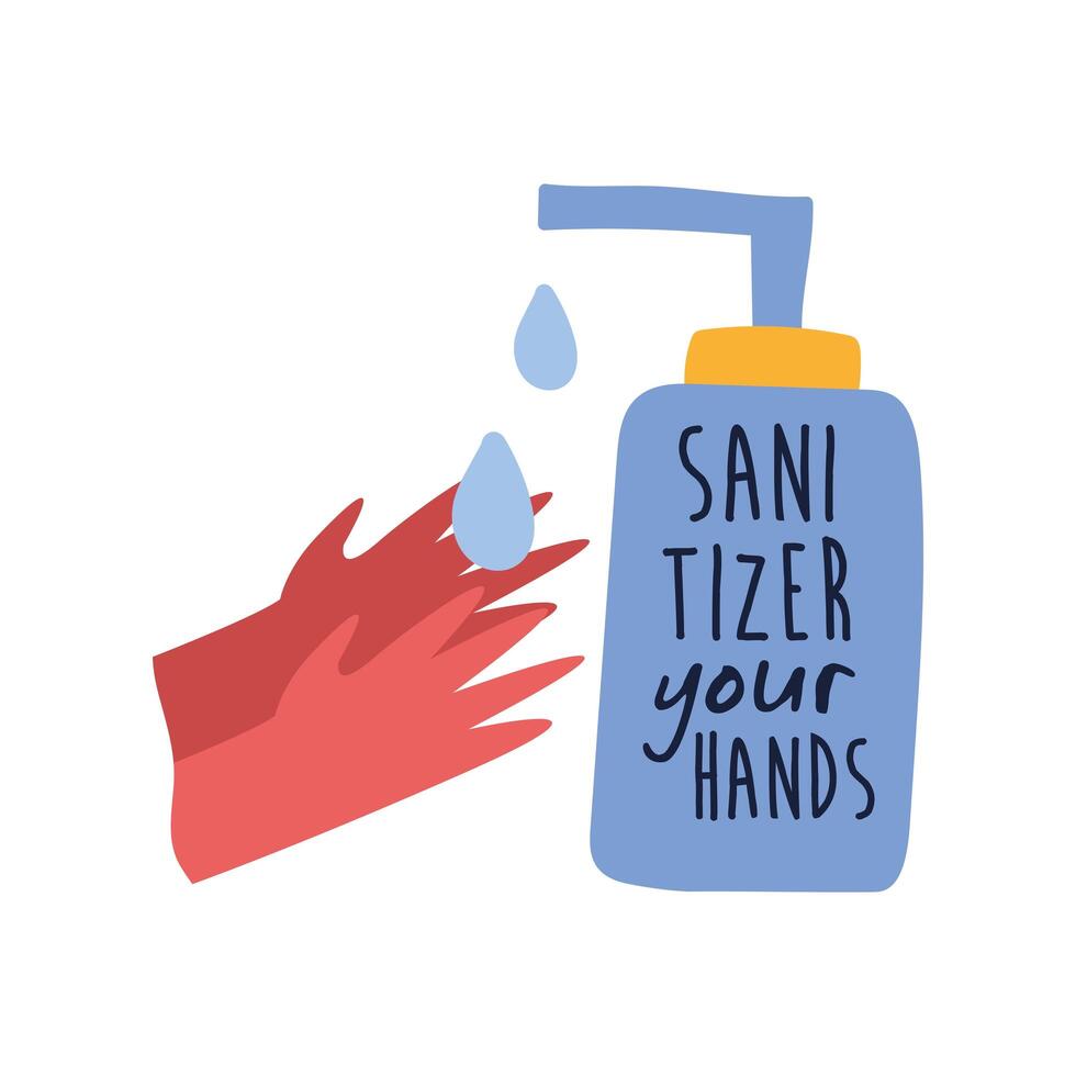 sanitizer your hands lettering campaign in bottle hand made flat style vector