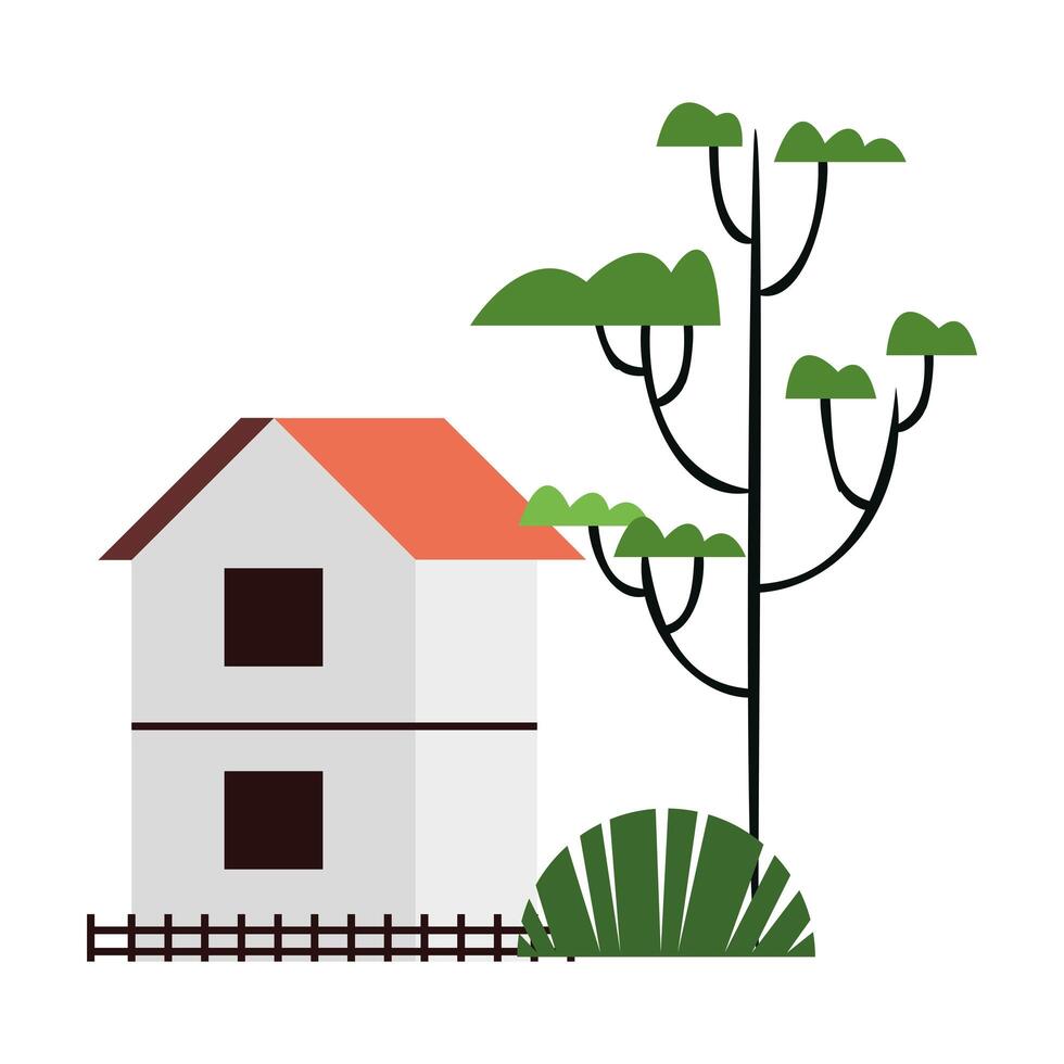 Fachada de la casa de campo con planta de árbol. vector