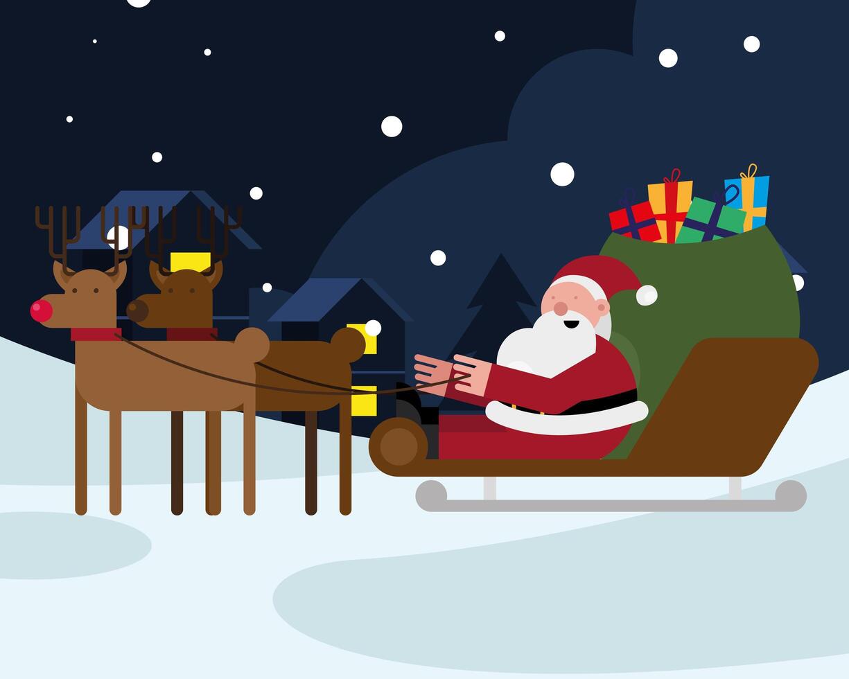 santa claus with gifts bag in sleed and reindeer christmas character vector