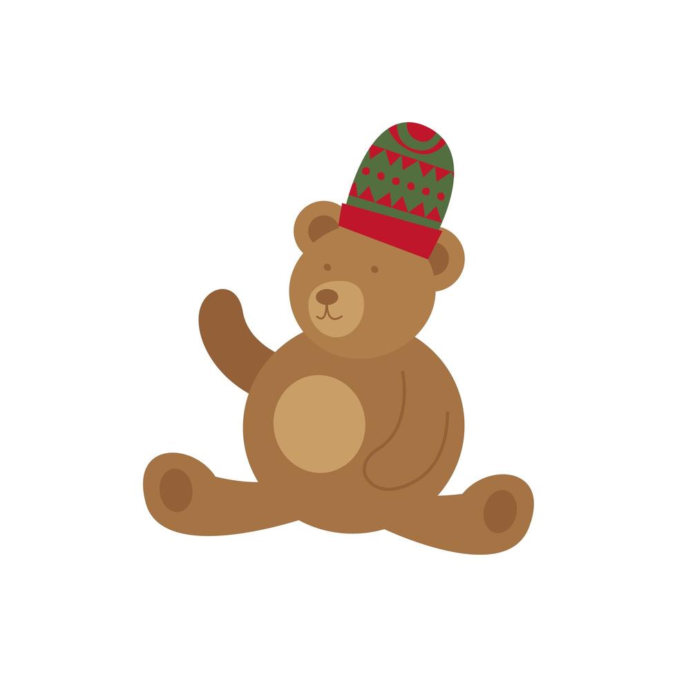 happy merry christmas bear teddy wearing wool hat vector