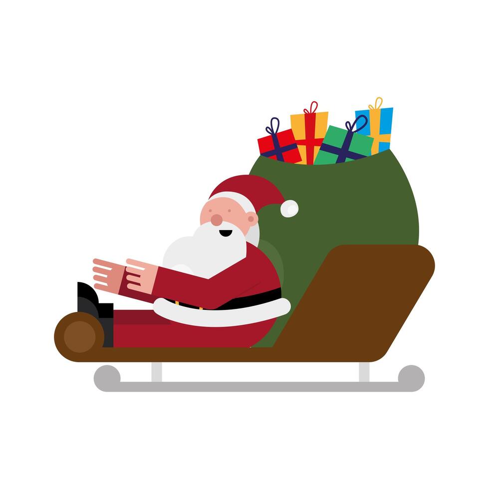 christmas santa claus with gifts bag in sled vector