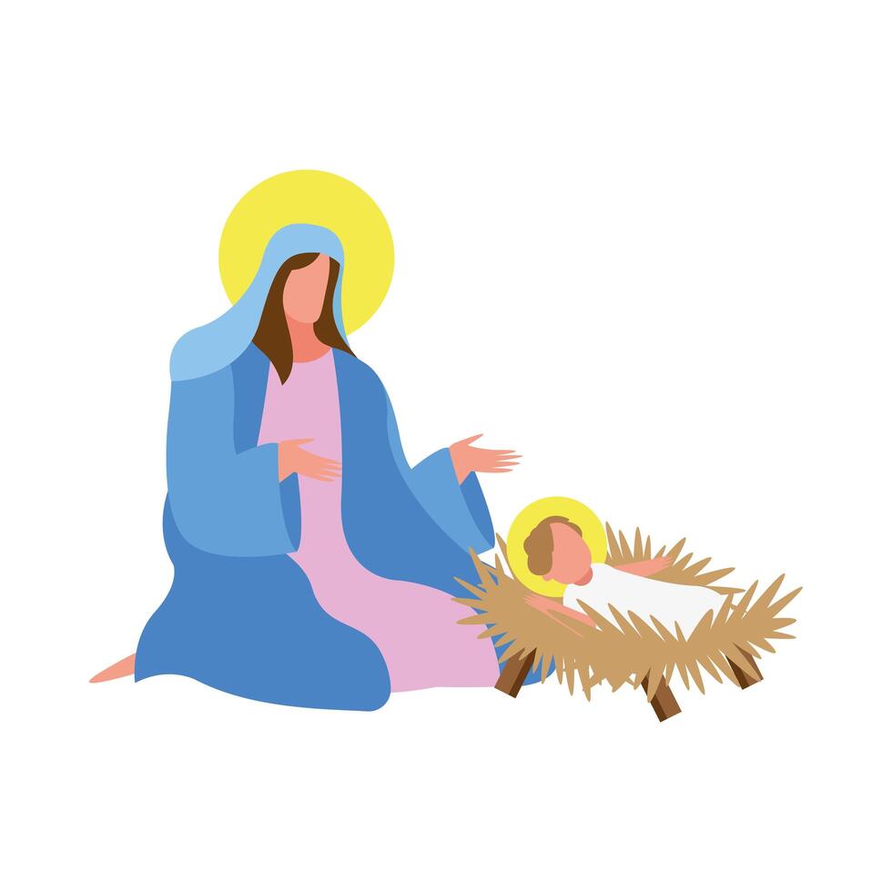 maría virgen y jesús, pesebre, carácter, icono vector