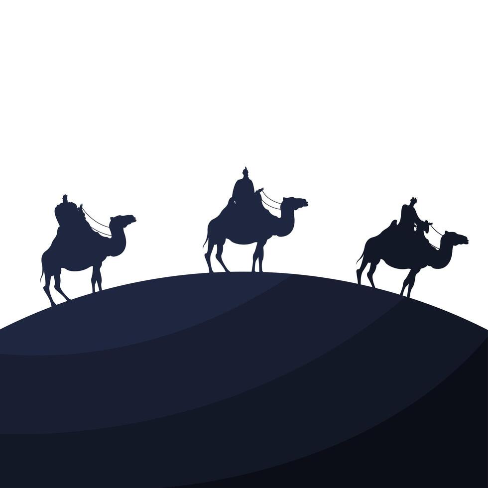 wise men group in camels mangers characters silhouette vector