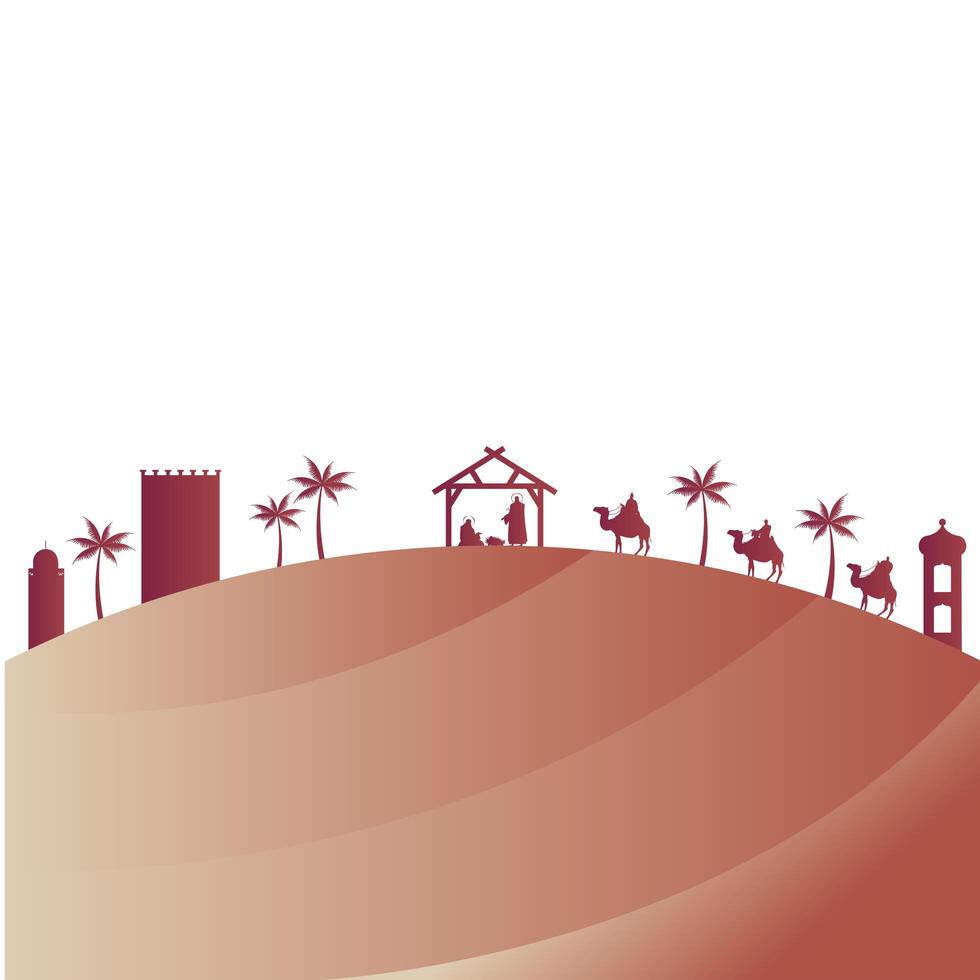 holy family mangers characters in stable with kings wise desert silhouettes vector