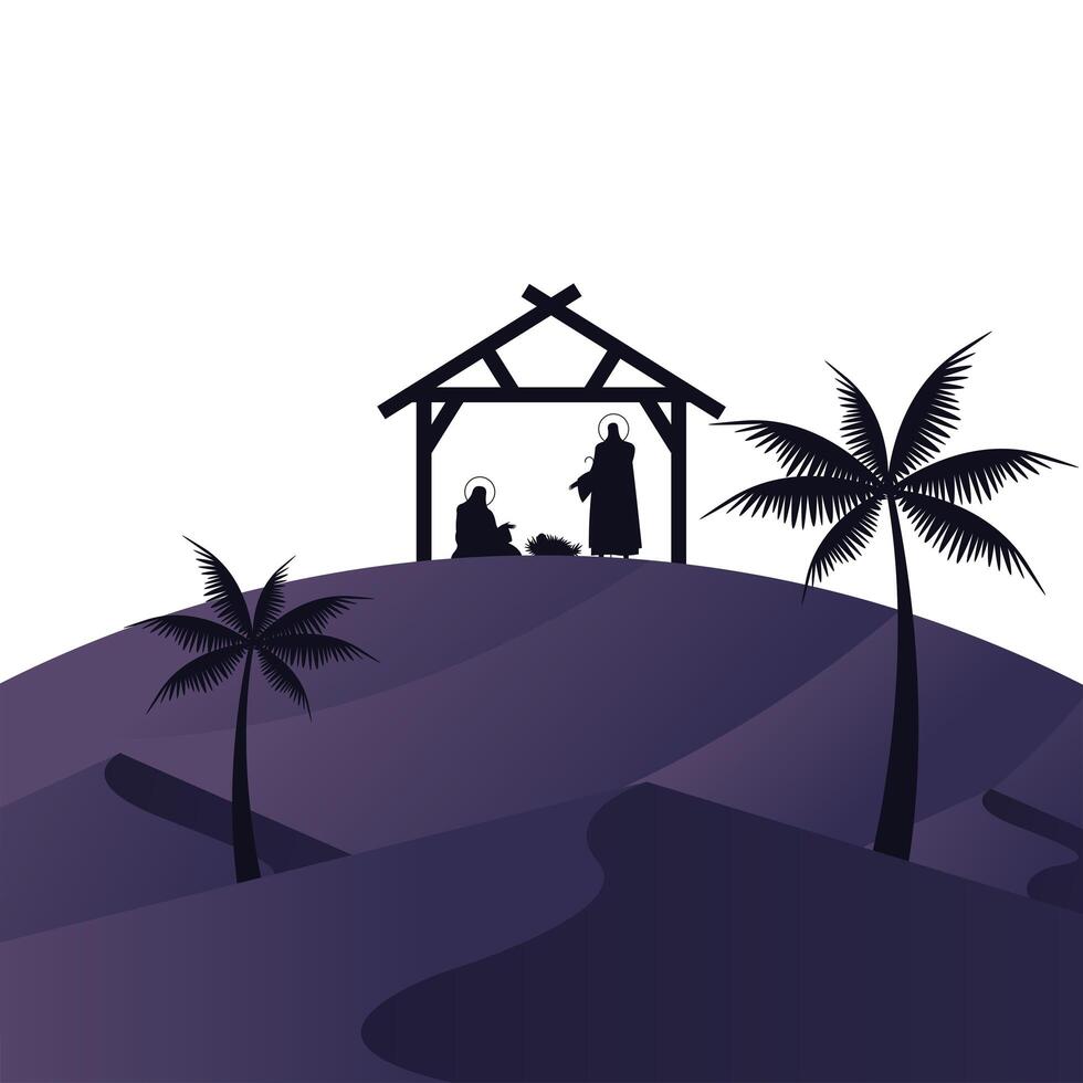 holy family mangers characters in stable with palms scene silhouettes vector