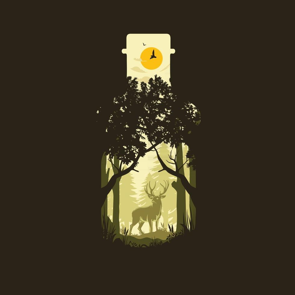 arte de diseño de paisaje natural plano. naturaleza ilustración bosque de diseño plano y árboles con ciervos. vector