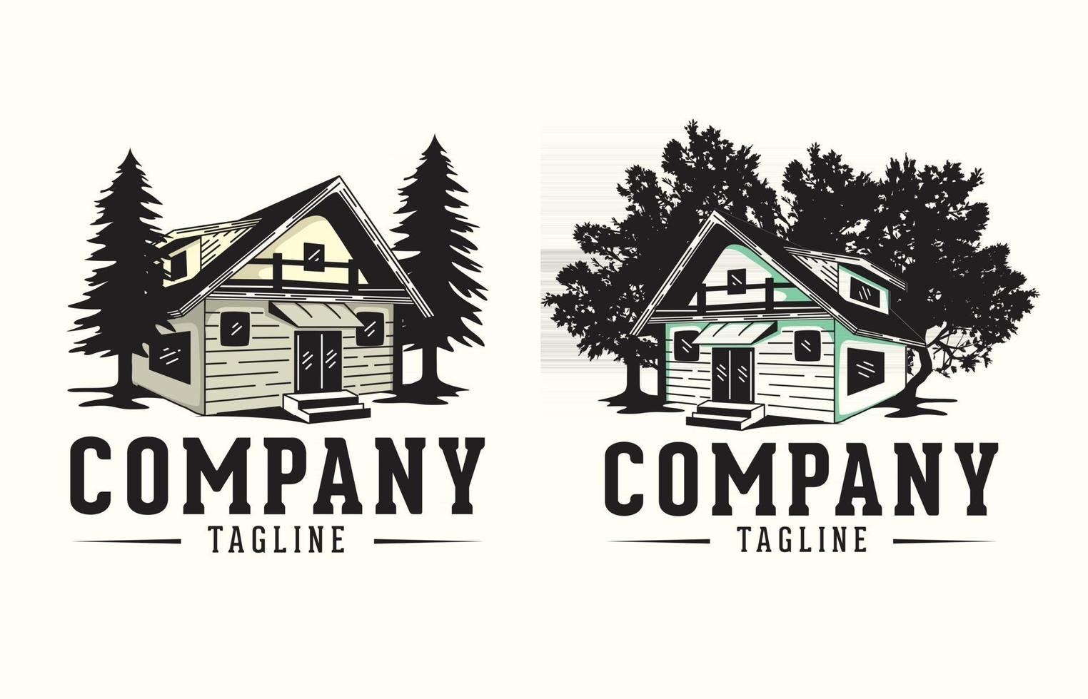 Gráficos vectoriales del logotipo de la cabina, con versiones de árbol del logotipo para empresas de alquiler de casas y diseño de construcción. vector