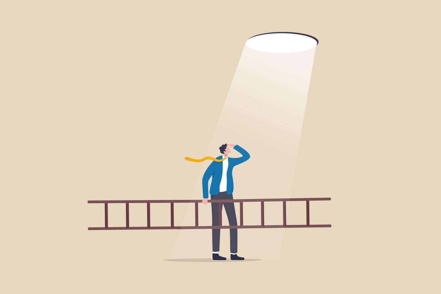 Business hope to solve crisis problem, plan and strategy to reach achievement, ladder of success concept, businessman holding ladder looking at hope light planning to climb and escape through hole. vector