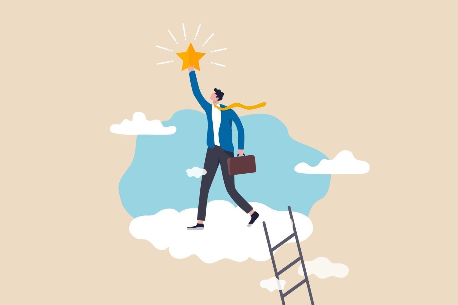Business champion succeed to get reward, winning star employee, career path or dream job concept, success businessman climb up ladder up into the cloud to reaching and grab precious star. vector