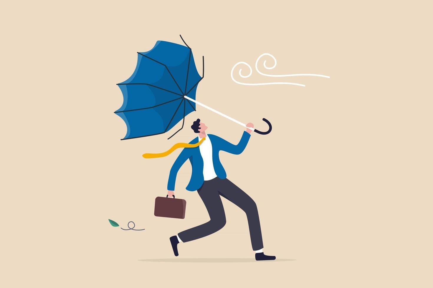 Business difficulty or obstacle in economic crisis, mistake or accident causing problem or failure, depressed and anxiety concept, frustrated businessman holding broken umbrella in strong wind storm. vector