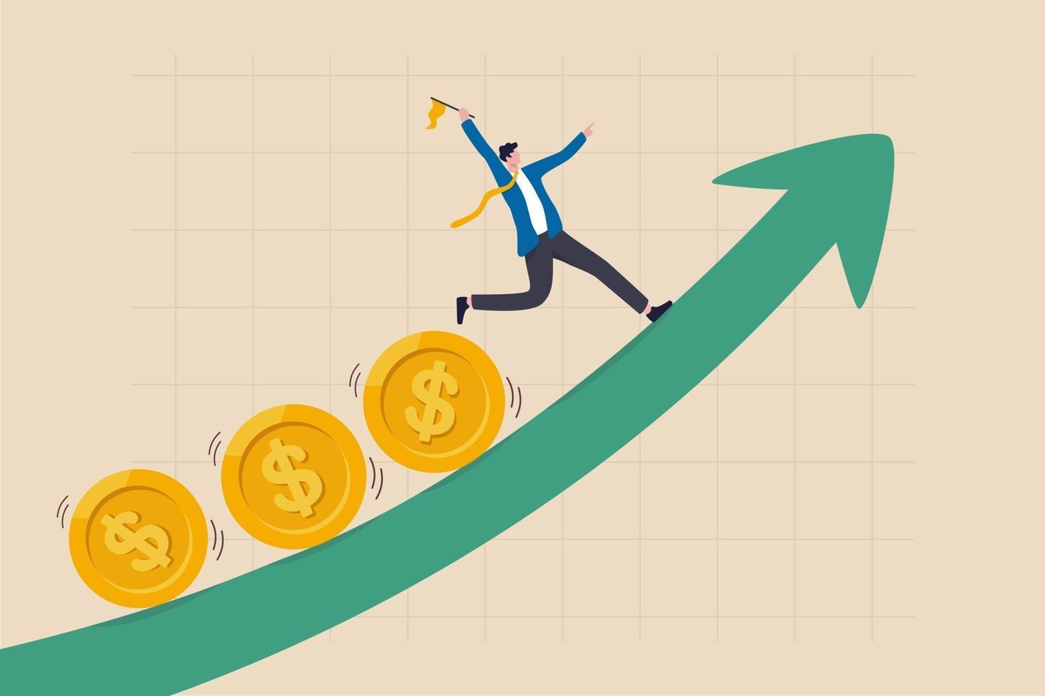 Investment profit and earning, stock market growth or fund flow depend on interest rate and inflation concept, businessman investor, fund manager holding flag lead money coins running up rising graph. vector