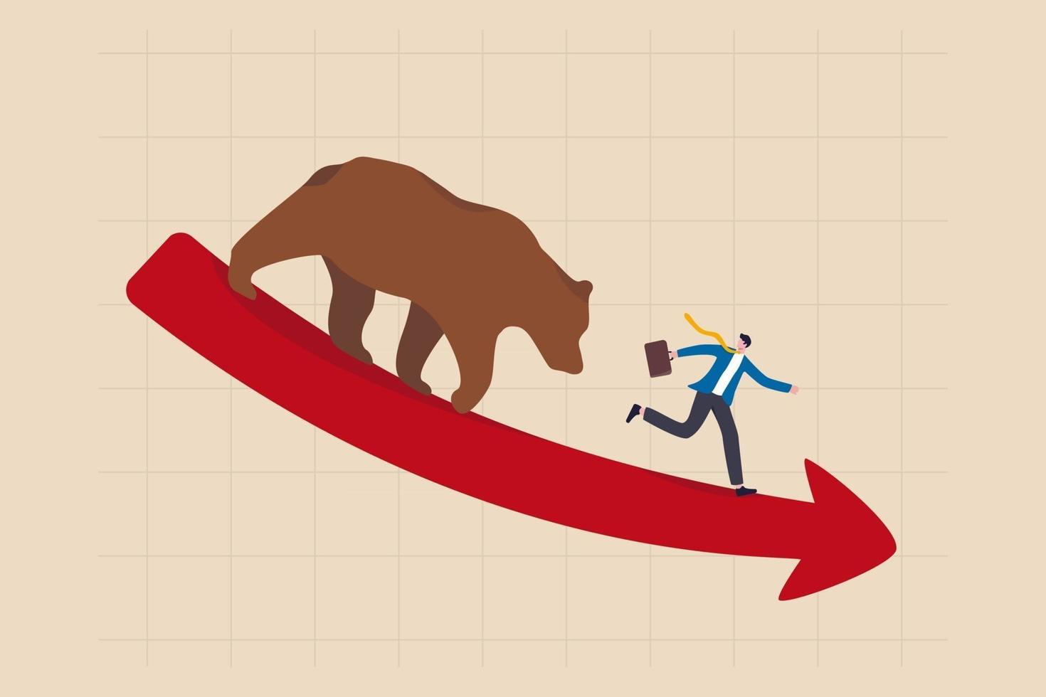 Bear market, stock decline by economic crisis, recession or bubble burst, crypto currency price going down concept, businessman investor sell all stocks and run away from bear on red decline graph. vector