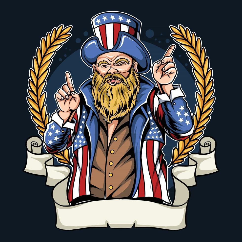 Hombre americano con bigote y barba vistiendo abrigo y sombrero de bandera de los Estados Unidos bailando en la fiesta de la música vector