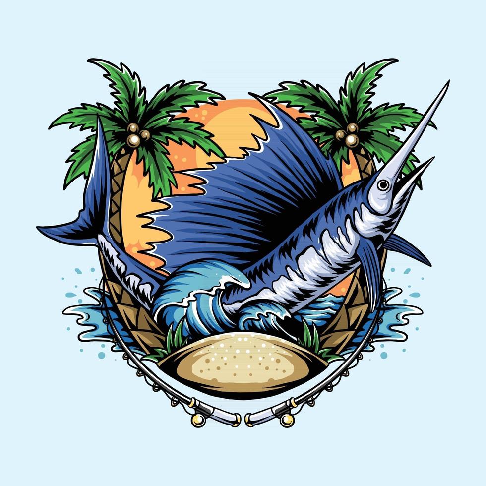 marlin fish on the beach with coconut trees and ocean waves and angler vector with editable color layer
