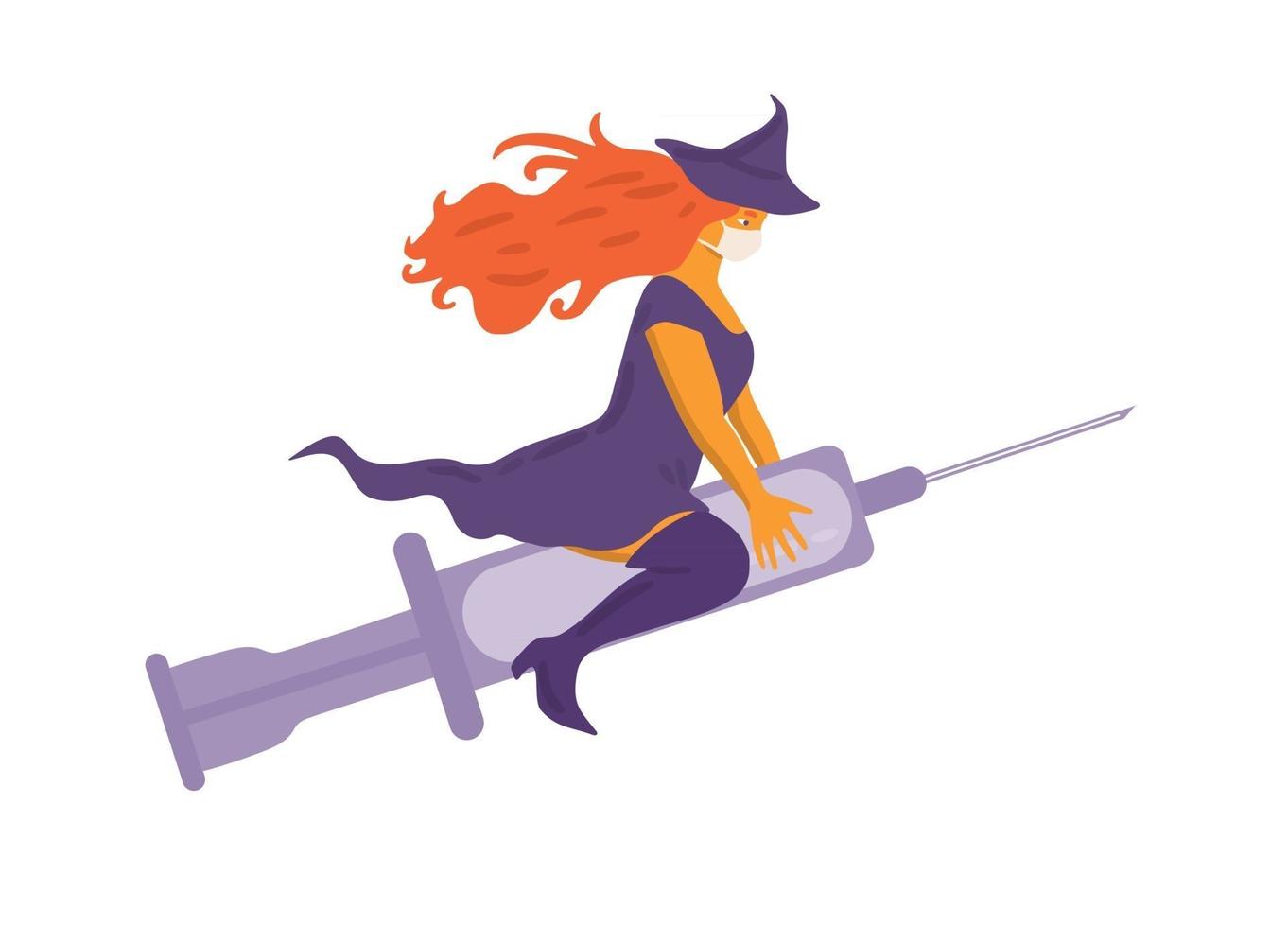 Beautiful curvy red haired witch flying on syringe instead of broom and wearing a face mask vector