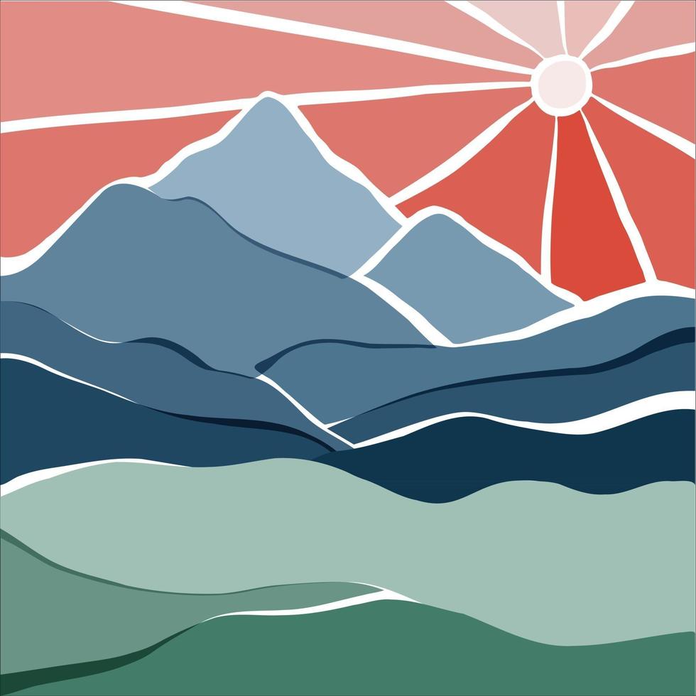 Abstract minimal landscape with mountains, river and sun vector