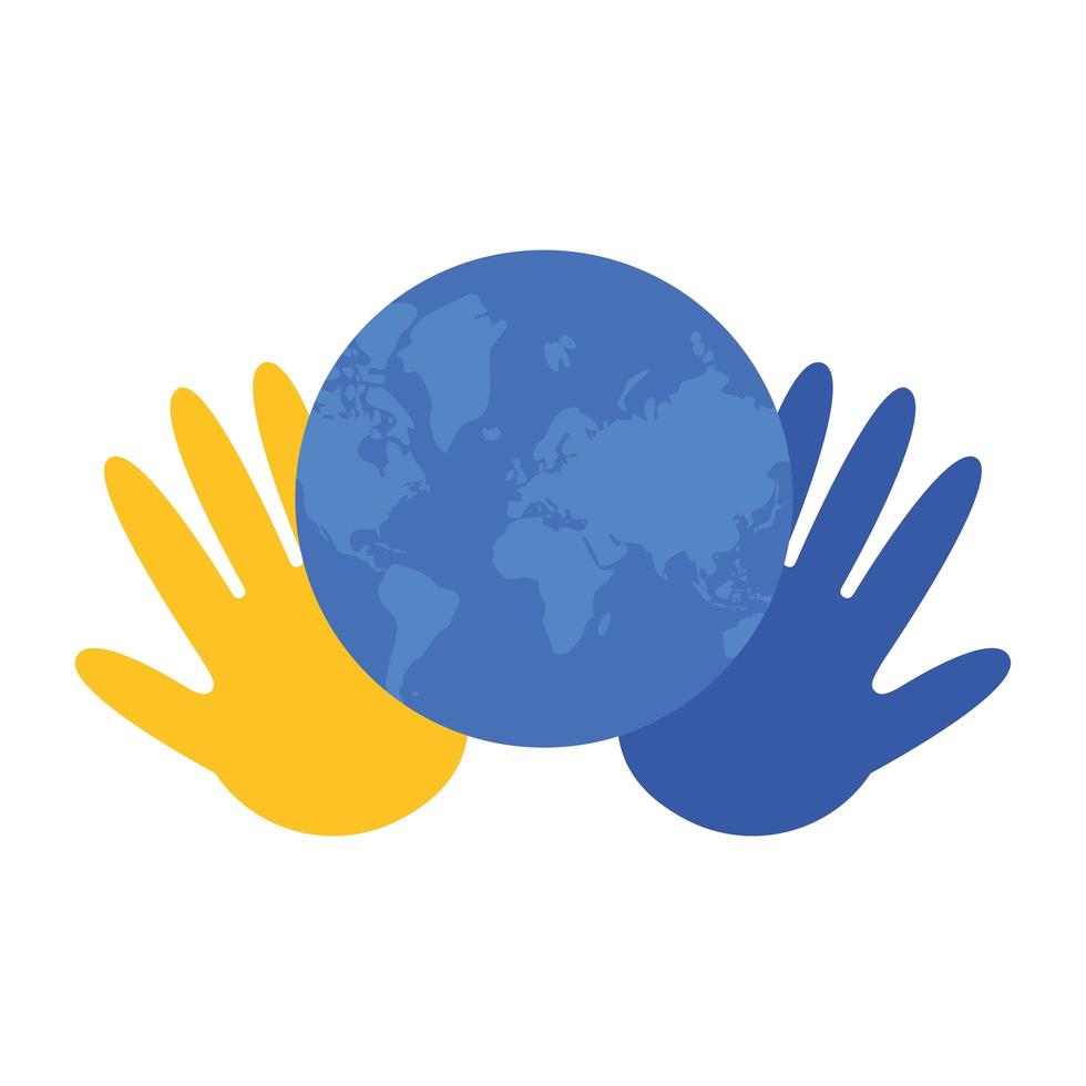 hands print colors yellow and blue syndrome down in world planet vector