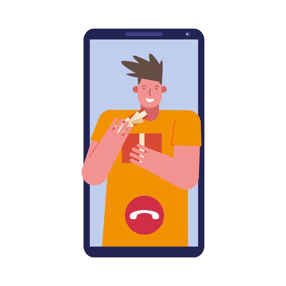 young man lifting gift in smartphone character vector
