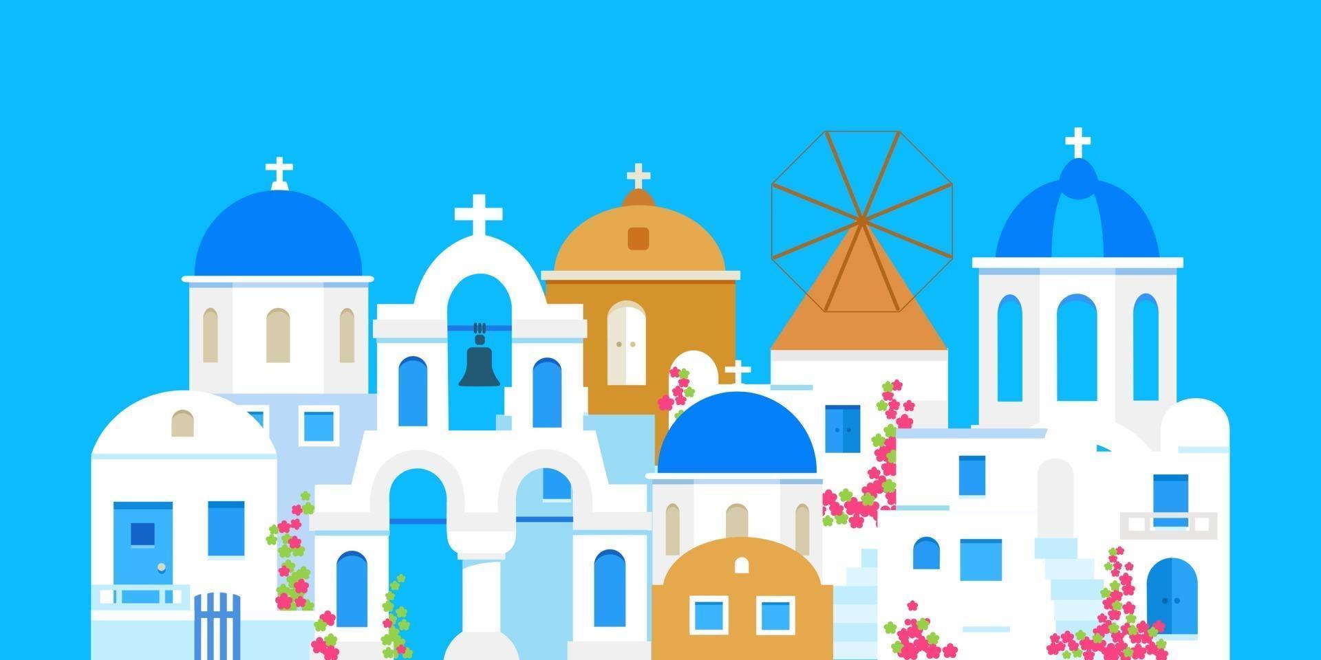 Santorini. Greece. Buildings of traditional architecture. Traditional Greek white houses with blue roofs, churches and a mill. Vector flat illustration