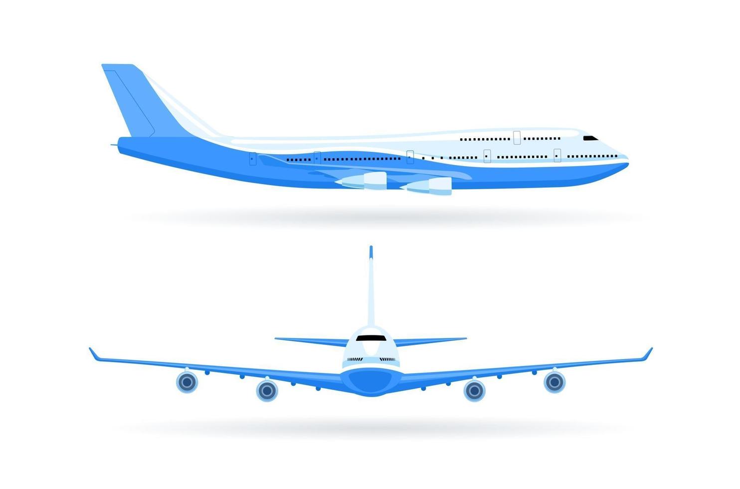 avión en blanco y azul. 2 vistas, recta y lateral. vector ilustración plana aislada sobre fondo blanco.