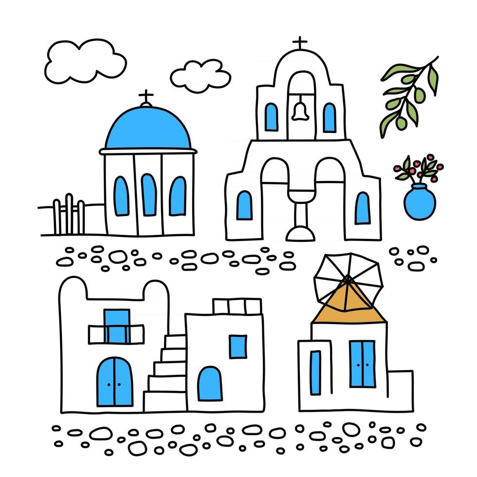 Santorini. Greece. Buildings of traditional architecture. Traditional Greek white houses with blue roofs, churches, mills and flowers. Doodle style. Vector illustration isolated on white background.