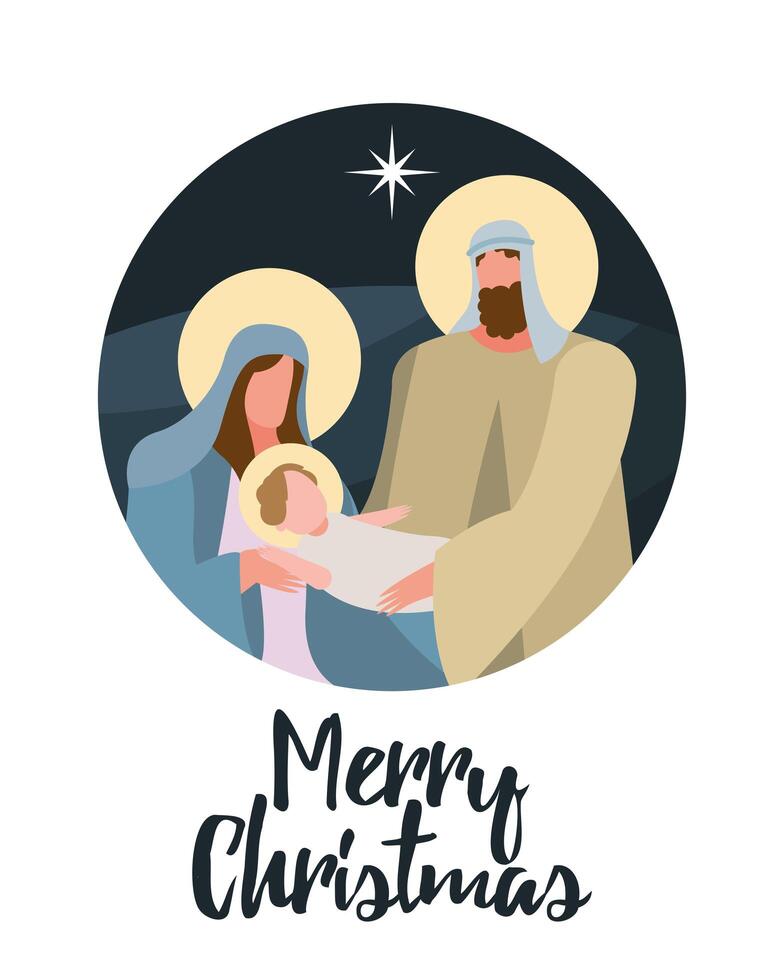 happy merry christmas lettering with holy family scene vector