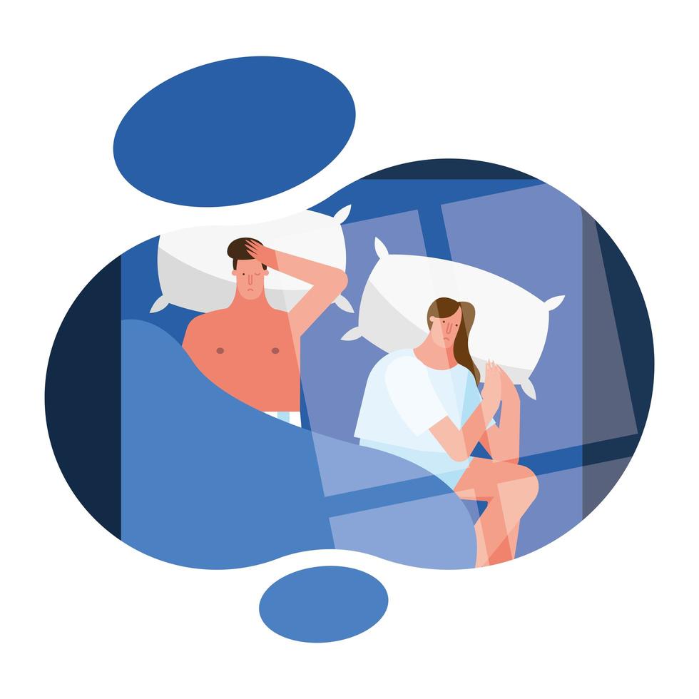 pareja en la cama escena que sufre de insomnio personajes vector