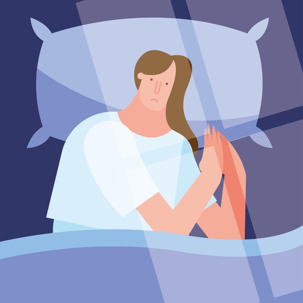 mujer en la cama que sufre de insomnio vector