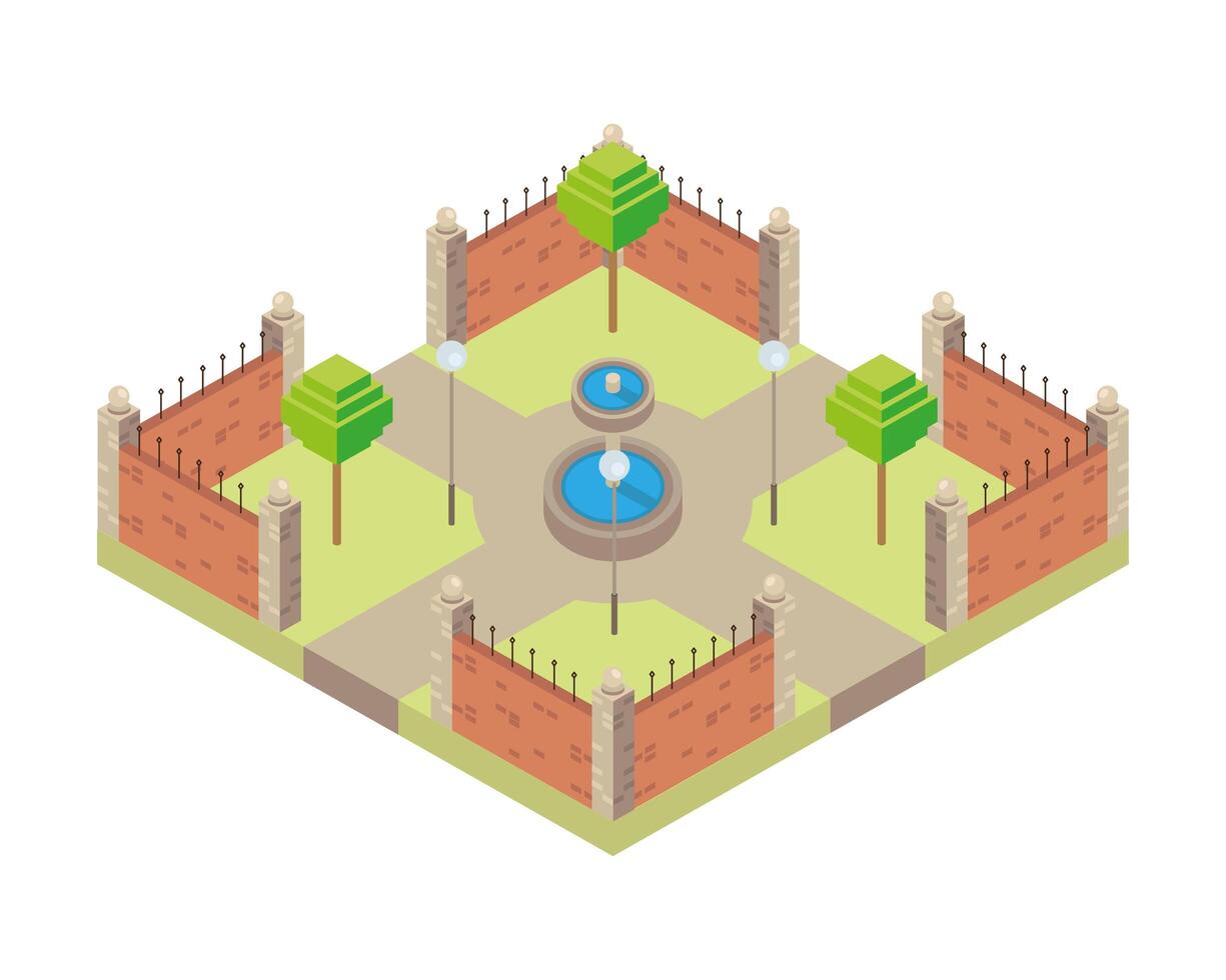 park with water fount scene Isometric style icon vector