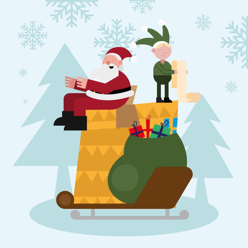 santa claus y duende con bolsa de regalos en chimenea personajes navideños vector