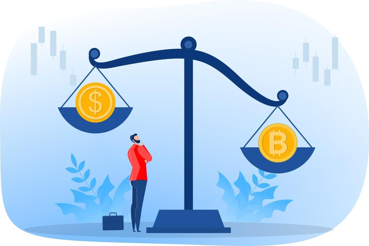 The coin with the bitcoin symbol outweighs dollar currencies cryptocurrency, Exchange rate. A vector illustration in flat style.