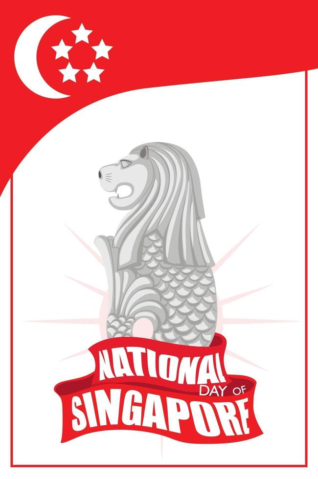 banner del día nacional de singapur con la mascota oficial de merlion de singapur vector