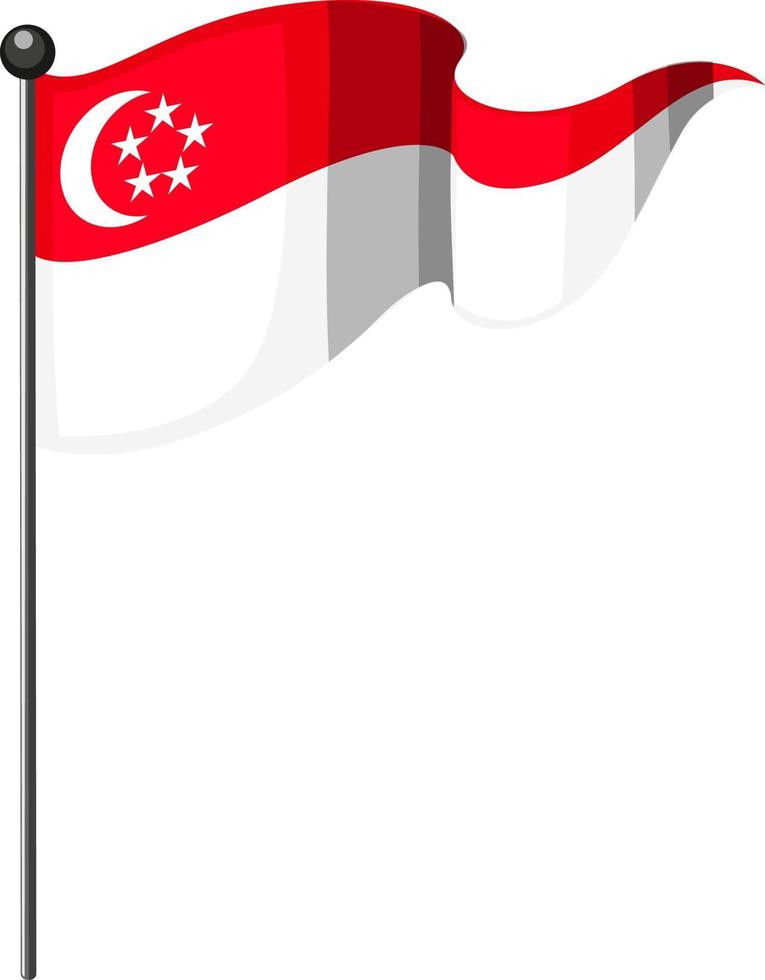 Bandera de Singapur con poste en estilo de dibujos animados aislado sobre fondo blanco. vector