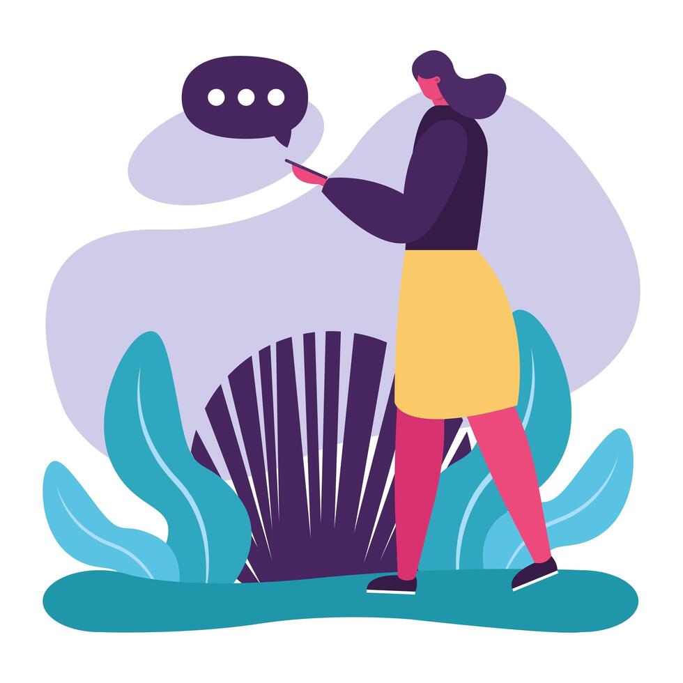 young woman walking using smartphone character vector