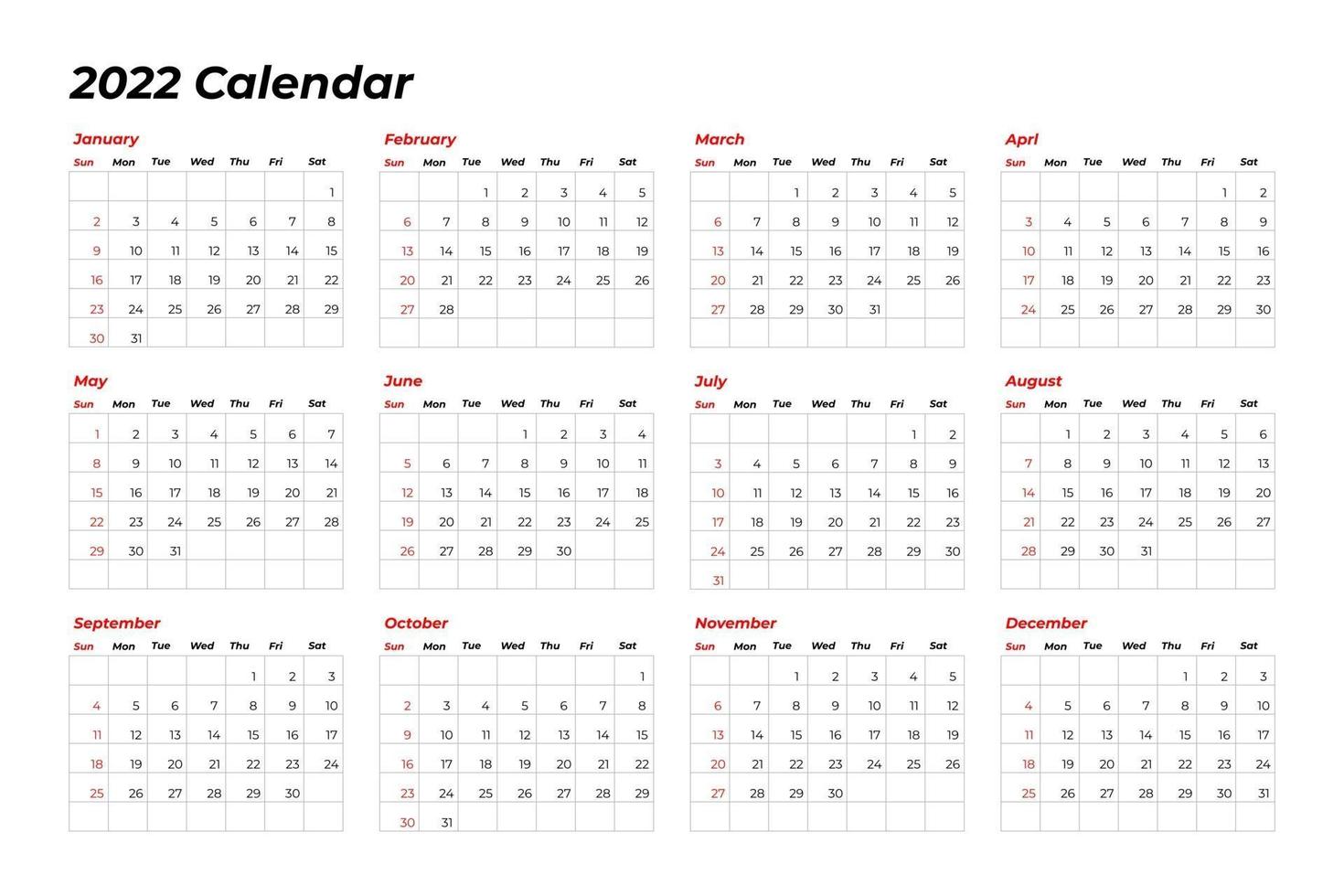 2022 calendar template with line vector