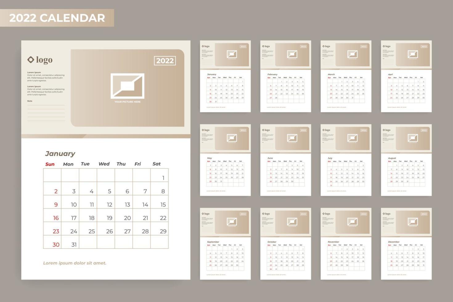 2022 calendar template 12 month with frame vector