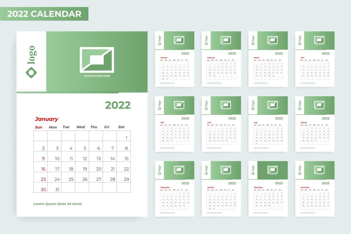 2022 calendar template with photo frame vector