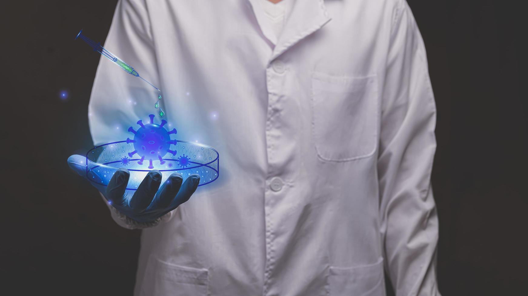 doctor touching electronic hologram coronavirus modern virtual screen illustration photo