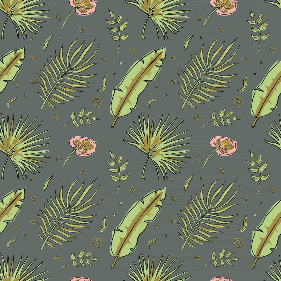 Botanical Seamless Patten with Tropical Leaves on Dark Green Background with Gold Accents vector