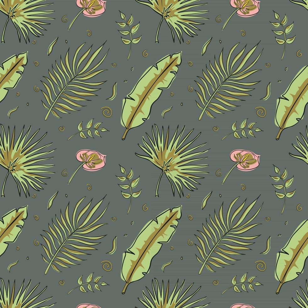 Botanical Seamless Patten with Tropical Leaves on Dark Green Background with Gold Accents vector