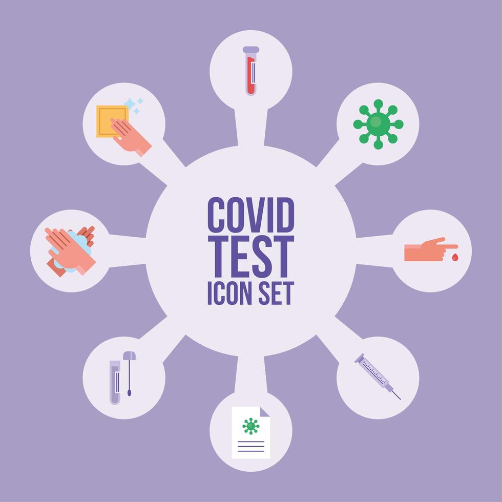 paquete de iconos de conjunto de prueba covid19 alrededor vector