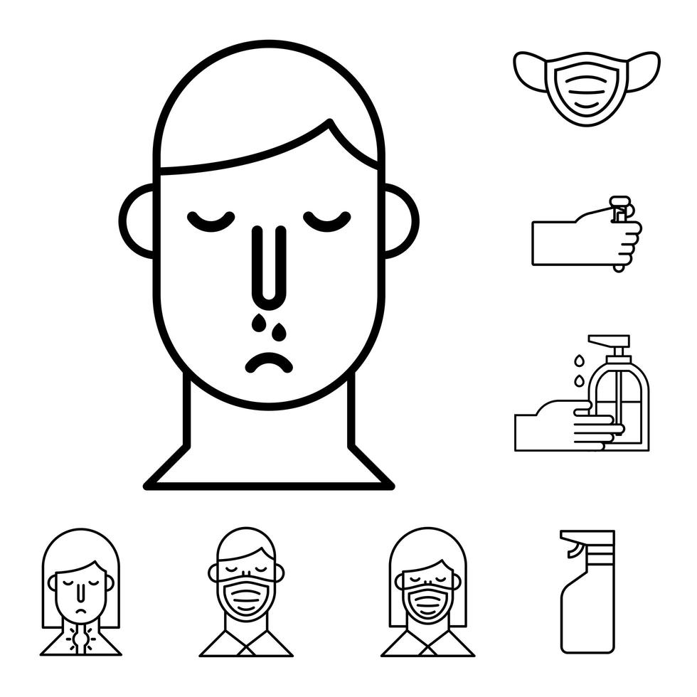 man with flu and bundle of covid19 set icons vector