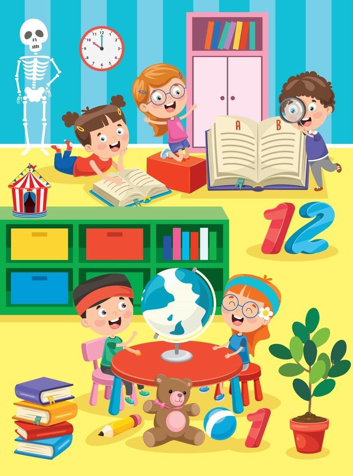 Little Children Studying And Playing At Preschool Classroom vector