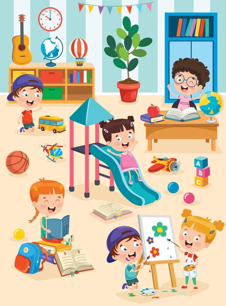 Little Children Studying And Playing At Preschool Classroom vector